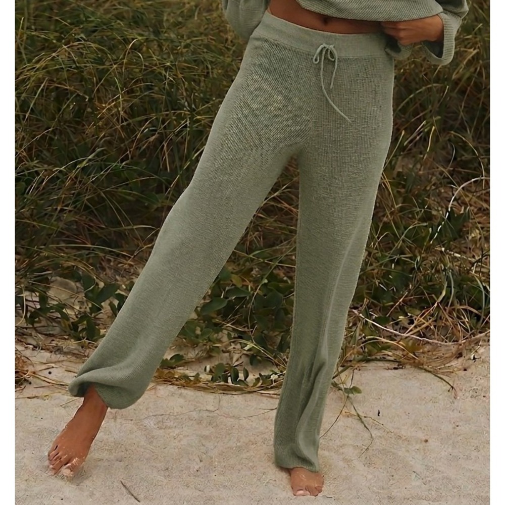 Free People Beach Malibu S Sweater Knit Pants Sage Green Wide Leg Drawstring